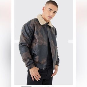 NWOT MAN BOOHOO MAN Boxy Fit Washed PU Borg Collar Bomber Jacket S